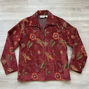 Vintage Flashback Floral Leaf‎ Tapestry Jacket Beaded Boho Artsy Womens Full Zip